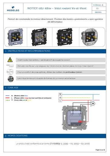 NOTICE 087 180 ROLLER SHUTTER SWITCH
